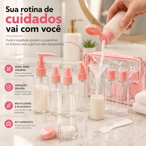 Frascos para Viagem Kit 9 Peças com Estojo Transparente Ideal para Shampoo Condicionador Sabonte Líquido Cremes Hidratante com Funil para Encher Recipientes Cosméticos (Branco)