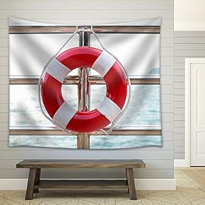 Life Preserver Attached to The Cruise Ship - Fabric Wall Tapestry Home Decor - 51x60 inches
