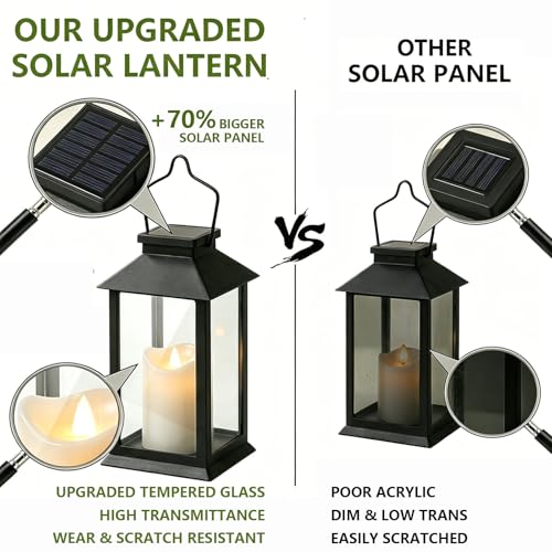 Yowin Solar Lanterns for Outside 2 Pack 22cm Tempered Glass Hanging Solar Lights Outdoor Garden with Flickering Candle, Waterproof Outdoor Lanterns for Patio Pathway Balcony Mother Gift Decorations
