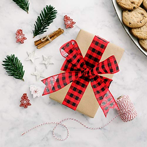 image for LINNIW LIINNIW 3 Rolls Christmas Wired Edge Ribbons, Black Red Plaid R