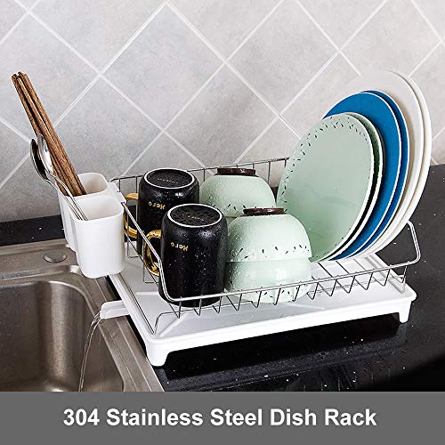 Dish Drying Rack, 304 Stainless Steel Over Sink Dish Drainer, Dish Racks with Drain Board Utensil Holder, Removable Plastic Cutlery Tray,Dish Rack in Sink or On Counter with Utensil Drying Rack