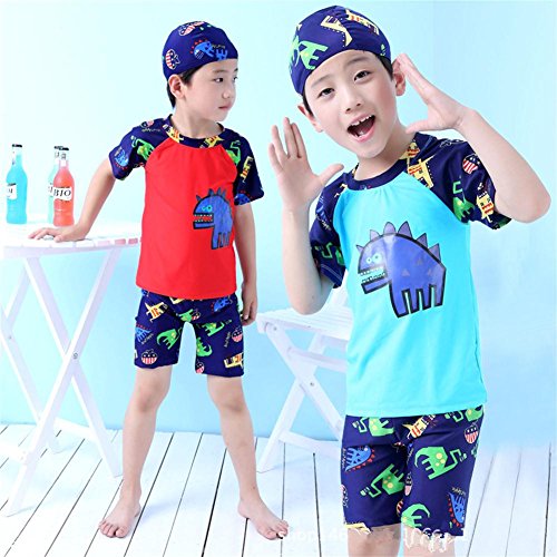 Monvecle Little Boys' 7-Pieces Short Sleeve Rash Guard Swimsuit Set with Swim Cap UPF 50+ Blue 5-6y