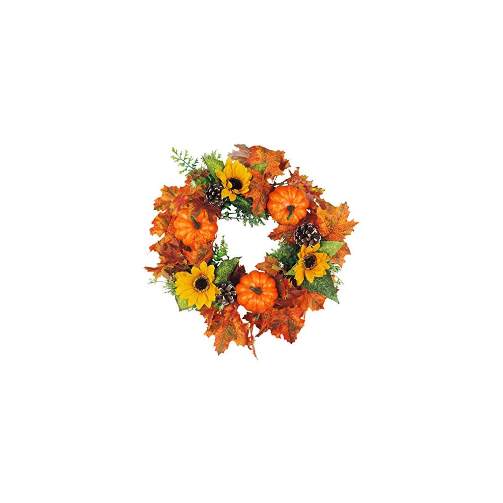 Yinhua Fall Wreath Maple Leaf Wreath With Pumpkin Pine Cone Berry Pumpkin Pine Cone Artificial Sunflower For Front Door Decor Halloween And Thanksgiving Home Indoor Or Outdoor Arrangement Decoration Silk Flower