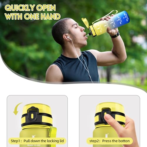 Motswedi Water Bottle 1 L, Sports Bottle, with Time Marker, Water Bottle, Leakproof, 1 Litre Bottle Includes Cleaning Sponge – Light Yellow & Royal Blue