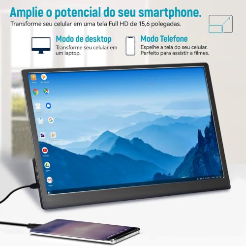 Monitor portátil de 15,6 polegadas, conectividade USB-C e HDMI, resolução Full HD 1080p, falantes integrados compatível com diversos dispositivos–Preto