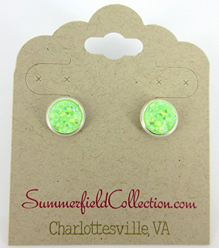Silver-tone Lime Green AB Faux Druzy Stone Stud Earrings 8mm