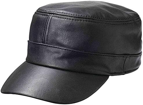 New Mens Womens Black Solid Leather Biker Flat Cap Adjustable Motorcycle Hat
