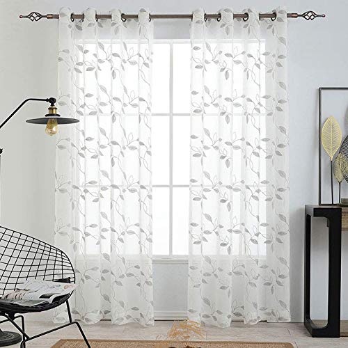 Haperlare Sheer Curtains, Room Decorative Voile Grommet Sheer Curtain Panels Floral Embroidered Semi Sheer Window Drapes for Bedroom, 52 x 95 Inch, 2 Panels, Gray Embroidery