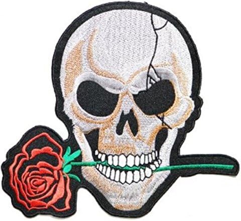 Unique, Large Size Patch Badge 9.75 x 9" Red Rose Skull Skeleton Bone Head Ghost Embroidered Iron on Sew Cool Look for Biker Trucker Rocker Chopper Jacket