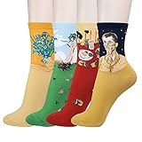 KONY Women's Cotton Art Patterned Fun Novelty Crew Socks, Women's Shoe Size 5-9 (Art Socks - 4 Pairs)