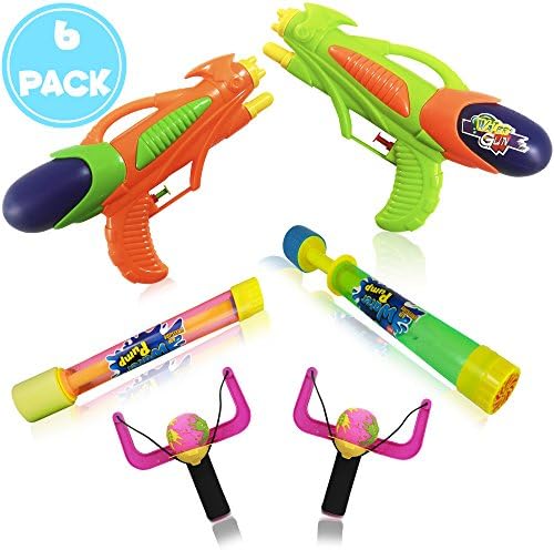 Pool Party and Beach Party Favors - Summer Toy Assortment Bulk Pack of 6 Toys for Kids Includes - 2 Water Guns, 2 Clear Water Pump &amp; 2 Water Bomb Slingshot