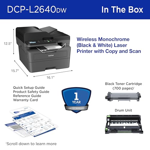 Brother DCP-L2640DW Wireless Compact Monochrome Multi-Function Laser Printer with Copy and Scan, Duplex, Mobile, Black & White | Includes Refresh Subscription Trial(1), Works with Alexa