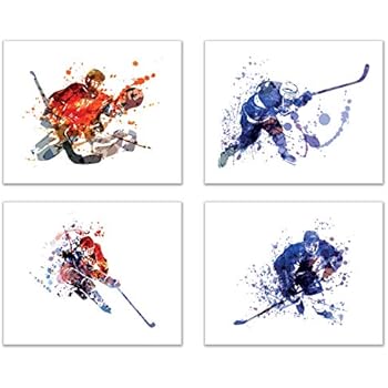 Summit Designs Ice Hockey Watercolor Wall Art Prints - Silhouette - Set of 4 (8x10) Unframed Poster Photos - Bedroom - Man Cave Decor