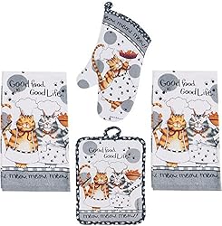 See 4 Piece Happy Cat Kitchen Set - 2 Terry Towels, Oven Mitt, Potholder Details