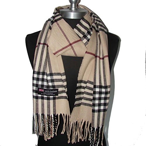 Brand New 100% Cashmere Scarf Beige Check Plaid Scotland Made Wool Unisex (#B3fv