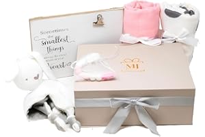 MJ Gifts Baby Girl Gift Basket for Newborn:Gifts Bundle - Organic Blanket, Bunny Security Lovey with Bell, Elegant Photo Frame & Pacifier Clips - Ideal Baby Shower Gifts (Pink)