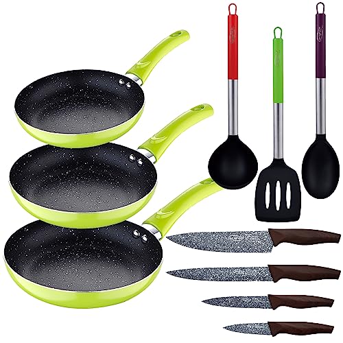 San Ignacio 3-teiliges Pfannen-Set (20 + 24 + 28 cm) grün gepresstes Aluminium mit 3 Stück Küchenutensilien Nylon mit 4 Messern Edelstahl
