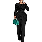 CHICME Women's Fall Jumpsuit Long Sleeve Jumpsuit Dressy Cowl Neck Asymmetrical Hem Overall Zipper Back One Piece Outfit