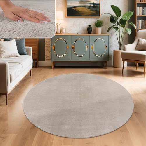 Paco Home Teppich Wohnzimmer Kunstfell weich waschbar modern elegant pflegeleicht Felloptik Uni Seidenglanz flauschig Hochflor, Grösse:200 cm Rund, Fa
