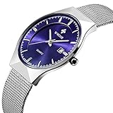 Fashion Casual Luxury Brand Mens Analog Quartz Watch Date Steel Mesh Strap Thin Dial Clock (blue)