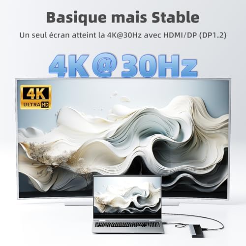 Station d'accueil USB-C 3 moniteurs avec HDMI, DP, VGA, 100 W PD, USB3.0&2.0, RJ45, emplacements SD/TF, Audio/Microphone, pour Lenovo/HP/Dell, etc. - Gris