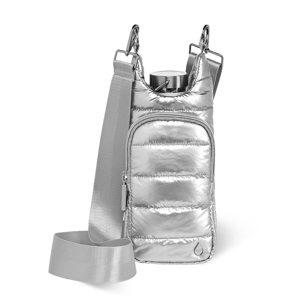 WanderFull® Original HydroBag®, Fits Up to 32 oz Water Bottle Holder with Strap, Hands-Free Crossbody, Water Bottle Carrier Bag with Phone Pocket - Silver Shiny Image