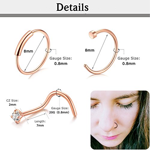 D.Bella Rose Gold Nose Studs, 20G 8mm 316L Stainless Steel Nose Septum Ring for Body Piercing Jewelry By