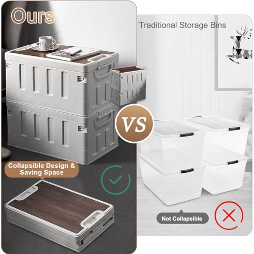 Collapsible Storage Box, Folding Containers Bin Plastic Camping Box With Wood Lid, Stackable Storage Bins Cube Closet Organizer Crate For Clothing Toys Outdoor Indoor Home Camping Picnic Car 40L White