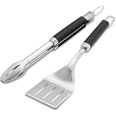 Weber&reg; Precision Tongs &amp; Spatula Grilling Tool Set, Stainless Steel | BBQ Tools with Hands‑Free Locking Tongs, 3‑Sided Beveled Spatula, Non‑Slip Soft‑Touch Handles - Grill Accessory Kit
