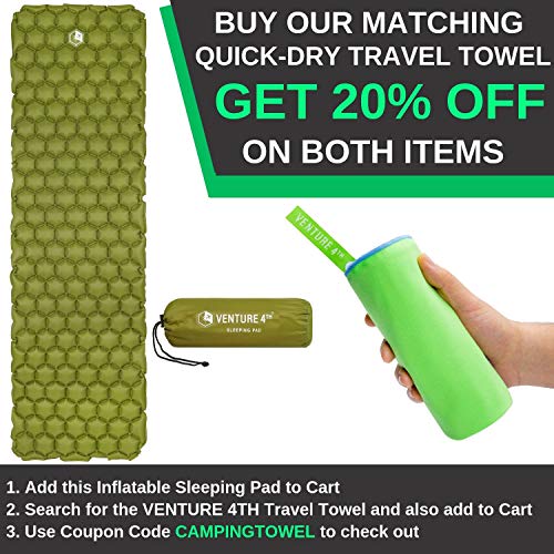 VENTURE 4TH Ultralight Air Sleeping Pad - Lightweight, Compact, Durable - Air Cell Technology for Added Stability and Comfort While Backpacking, Camping, and Traveling (Dark Green) - Thumbnail 2