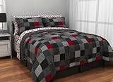 FULL Red Black Gray Loft Living Geo Blocks Complete Bed in a Bag Bedding Set