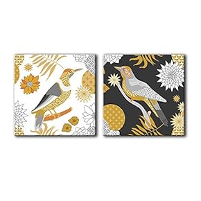 2 Panel Square Canvas Wall Art - Abstract Birds and Floral Patterns - Giclee Print Gallery Wrap Modern Home Art Ready to Hang - 12"x12" x 2 Panels