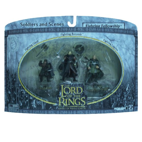 2004 - New Line / Play Along - Lord of the Rings : Armies of Middle Earth - Fighting Fellowship w/ Gimli / Boromir / Legolas - Soldiers & Scenes - Battle Scale Figures - Out of Production - Limited Edition - Collectible