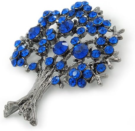 Sapphire Blue Coloured Crystal 'Tree Of Life' Brooch In Gun Metal Finish - 52mm Length, dark grey, blue - Image 4