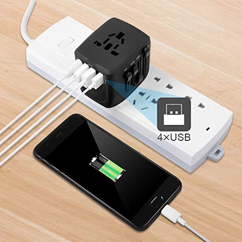 Travel Adapter, 2400W International Power Adapter, Universal Adapter with 4 USB Ports, Perfect for UK, EU, AU, US, Over 150 Countries (Black)