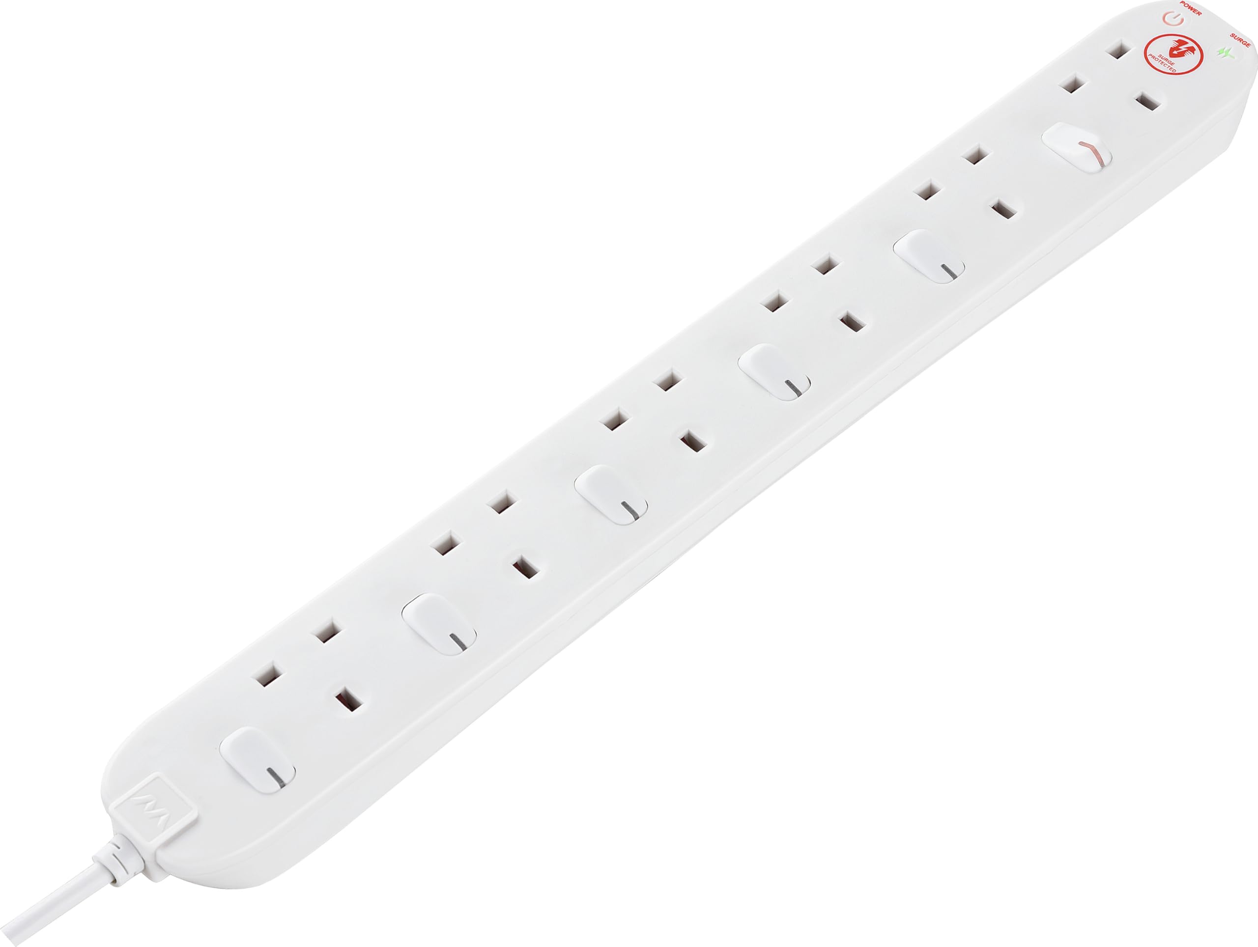 Masterplug Six Socket Extension Lead, 2 Metre Cable, Surge Protection, Individual Switches, Power and Surge LED Indicators, 6-Way Plug Extension Cable, Power Strip, White, 13A, 6G, 2m, SWSRG6210N