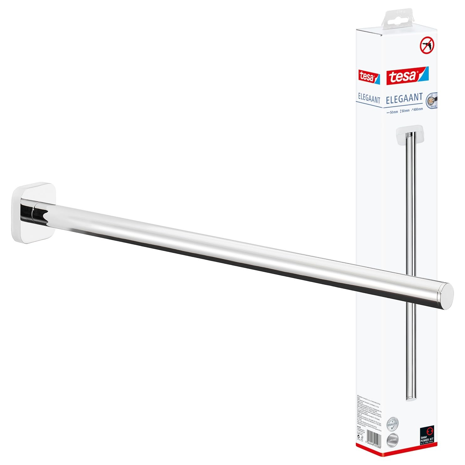 tesa ELEGAANT Towel Holder - Wall-Mounted, One-Arm Towel Holder in Stainless-Steel Design - Single Hand Towel Rail - Waterproof, incl. Power.Kit Adhesive Solution - 400 mm x 50 mm x 50 mm