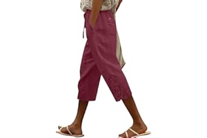 Linen Pants Women High Waisted Capri Pants Lace Trim Casual Cropped Trousers Summer Boho Beach Capris with Pockets