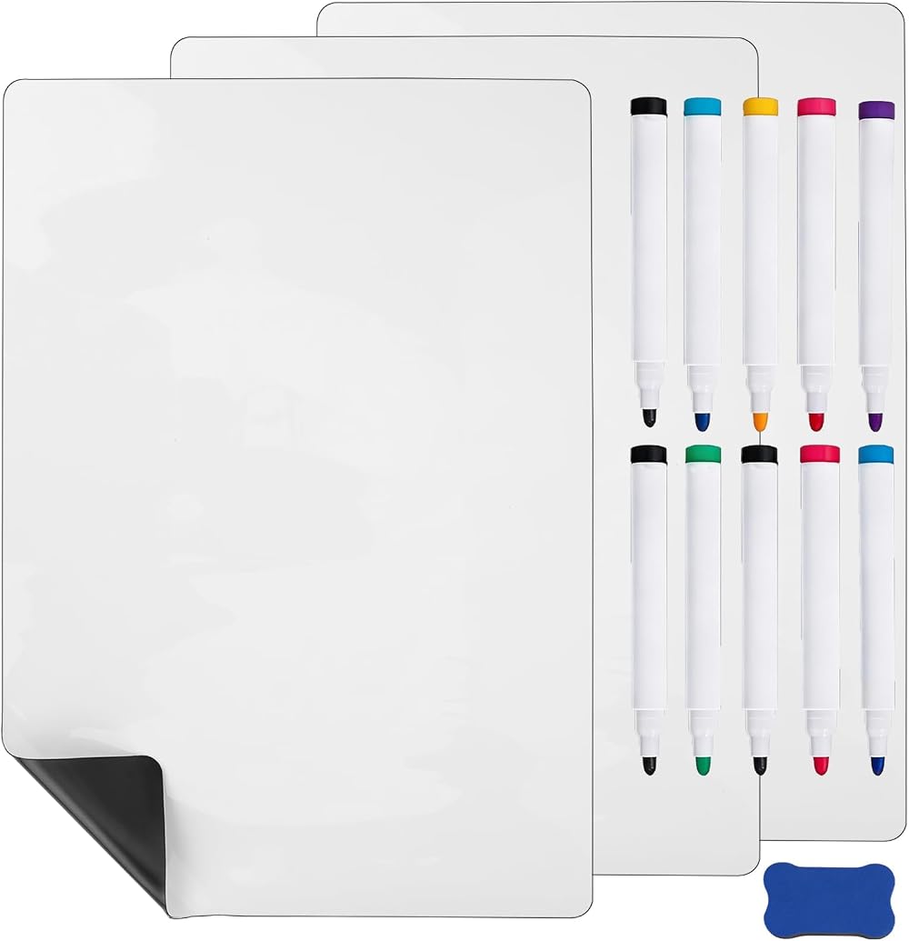 Hisredsun A4 Magnetic Dry Erase Whiteboard Sheet 3 Pcs with Pens Eraser