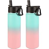 Volhoply Insulated Water Bottles with Straw Bulk 2 Pack, 22 oz Stainless Steel Sport Bottle with Handle Lid,Metal Travel Water Cups with Wide Mouth,Reusable Water Flask for School(Green Pink,2 Set)