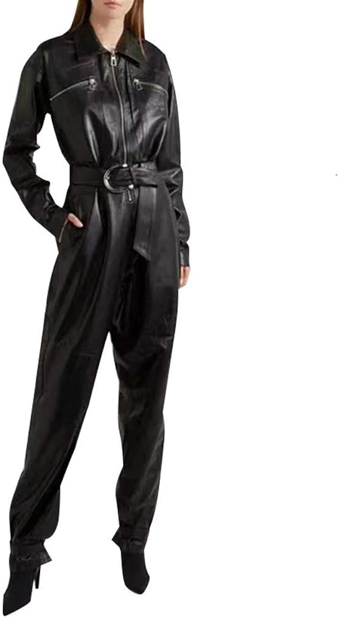 LittleCat Women's Motorcycle PU Leather Jumpsuit, Black Lapel Waist