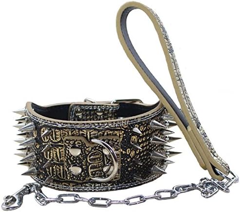 Avenpets Training Leather Sharp Spikes Studded Pet Dog Collar Leash Set for Medium Large Dog Breed Pitbull Boxer Bulldog