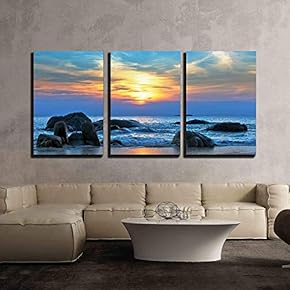 3 Piece Canvas Wall Art - Sunset Over The Sea - Modern Home Art Stretched and Framed Ready to Hang - 16"x24"x3 Panels