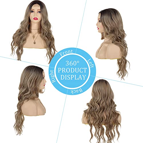 POPYAIYU Long Wavy Synthetic Wig 24Inch Ombre Blonde Wigs for Women Middle Part Wig with Dark Roots Natural Looking Heat Resistant Hair for Party Daily Use(Ombre Blonde)
