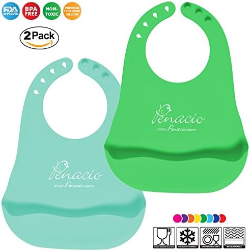 Premium Silicone Baby Bibs Set Of 2 - Adjustable Soft Bibs For Toddlers - Practical Food Pocket Design - Antibacterial &amp; Easy To Clean Food Grade Silicone - BPA Free &amp; FDA Approved (Green &amp; Turquoise)