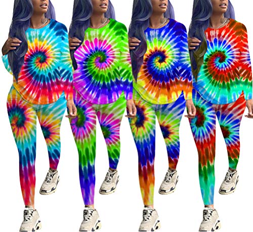 Womens Two Piece Outfit Plus Size Tracksuit Tie Dye Shirt Long Jogger Sportswear Set Activewear Red L - Thumbnail 2