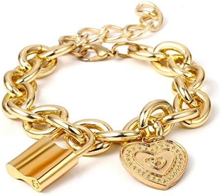 JZTRADING Lock Choker Collar Bracelet Set Pendant Classic Adjustable Simple Chain Necklace for Ladies Girls Women Party Accessories (Gold E)
