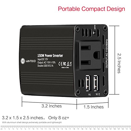 WINTEKD 150W Car Power Inverter DC 12V to 110V AC Converter with 3.1A Dual USB Charger Adapter (Black) - Thumbnail 3