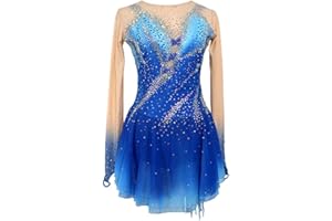 ARTSKATTING Figure Skating Dress,Girls Blue+Light Blue Patchwork Asymmetric Hem Mesh Spandex Skating Performance Competition Wear Costume