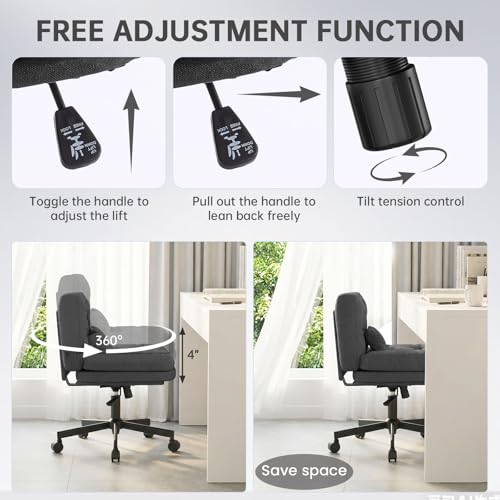 Submi Criss Cross Chair, Wide Desk Chair with Adjustable Height, Fabric Vanity Chair for Home, Swivel Criss Cross Chair for Work, Comfy cross legged office chair, Task Chair, Study, Gift, Black